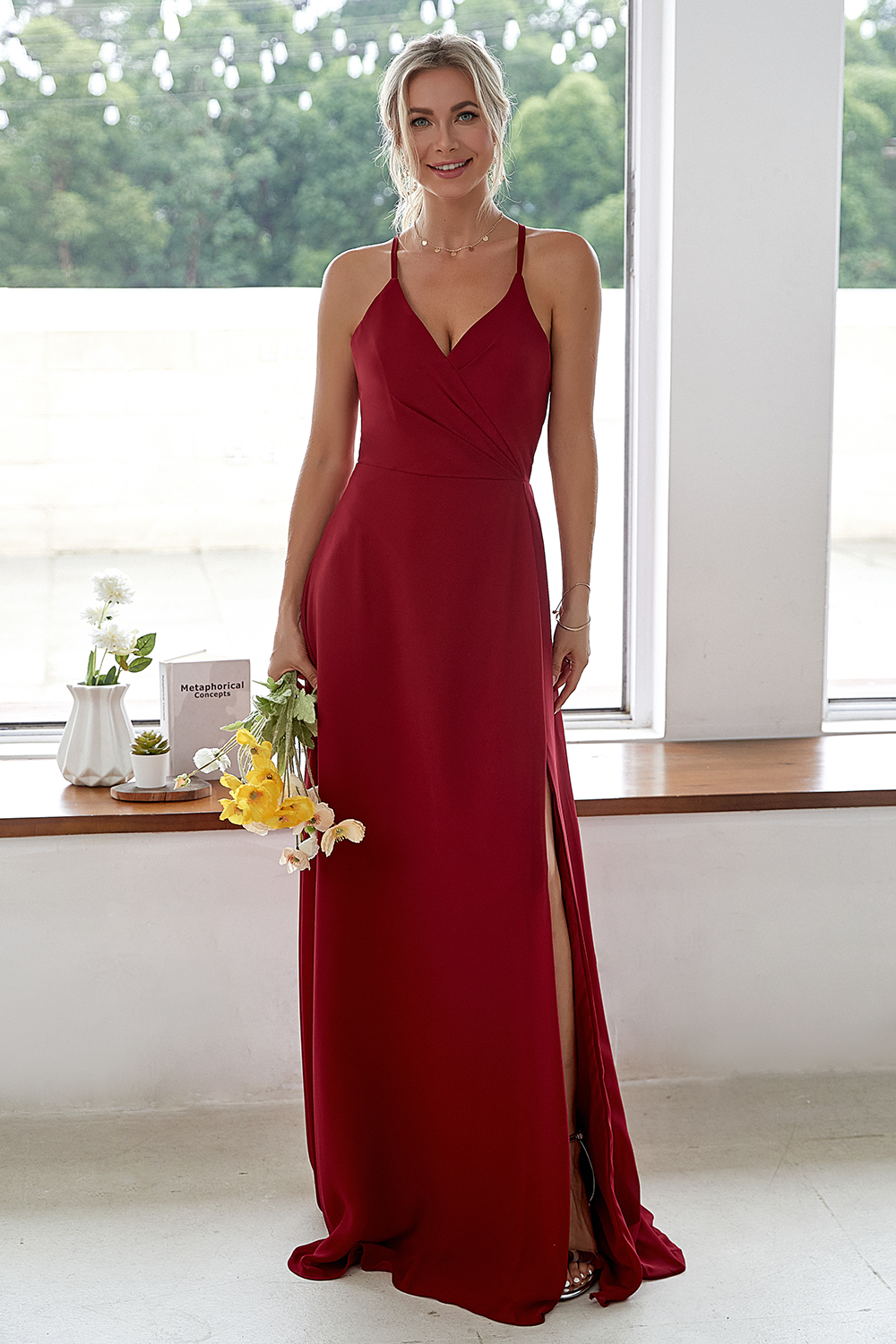 Chiffon V-neck High Slit Maxi Slip Bridesmaid Dress Party Dress