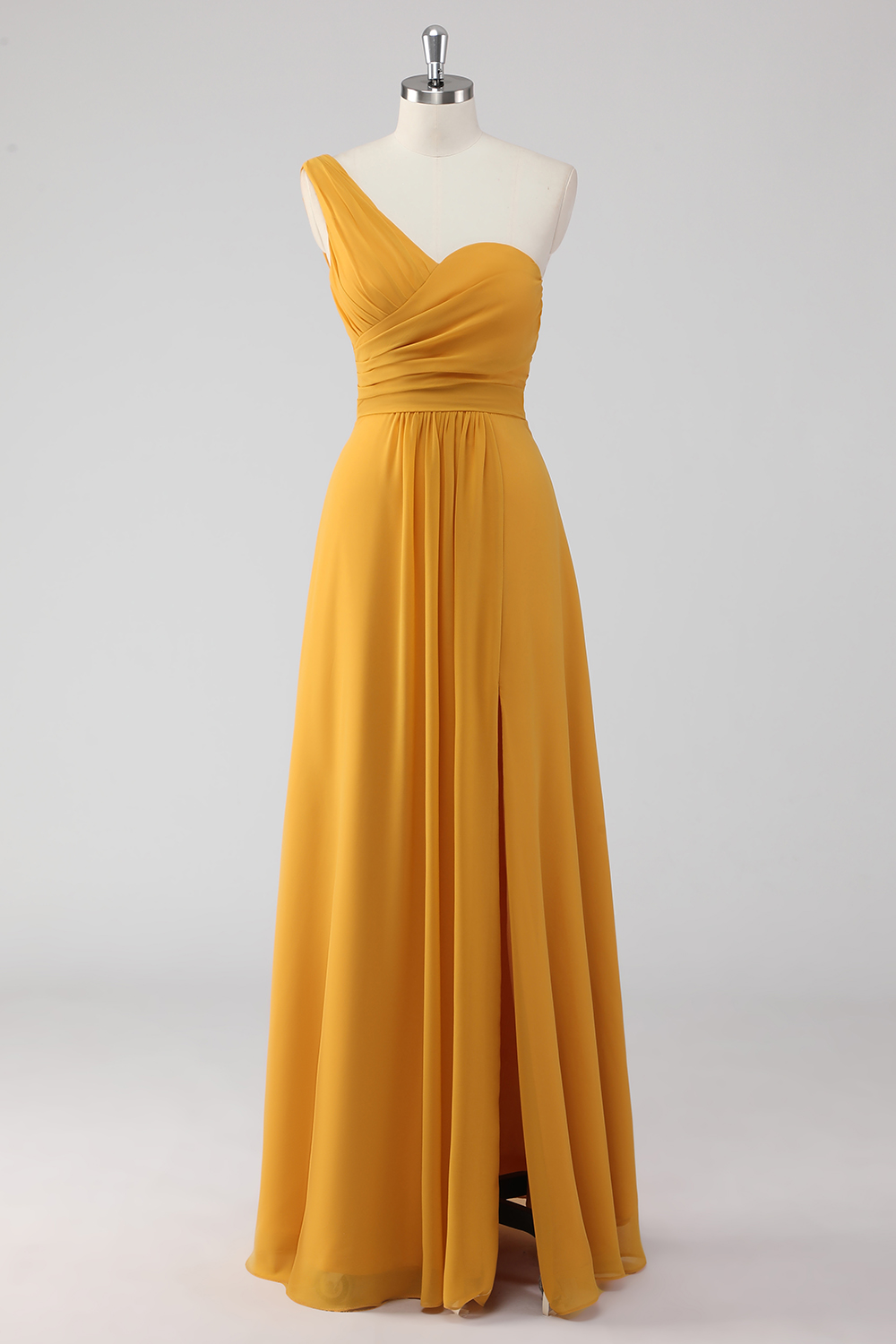 Yellow One Shoulder A Line Maxi Bridesmaid Dress with Slit