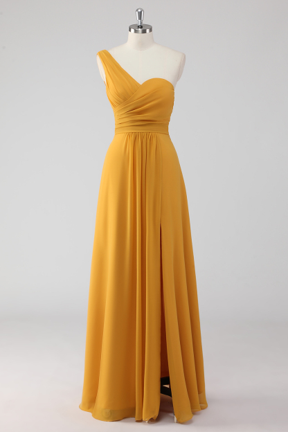 Leely Women Yellow A Line Maxi Bridesmaid Dress with Slit One Shoulder Sleeveless Wedding Guest Dress