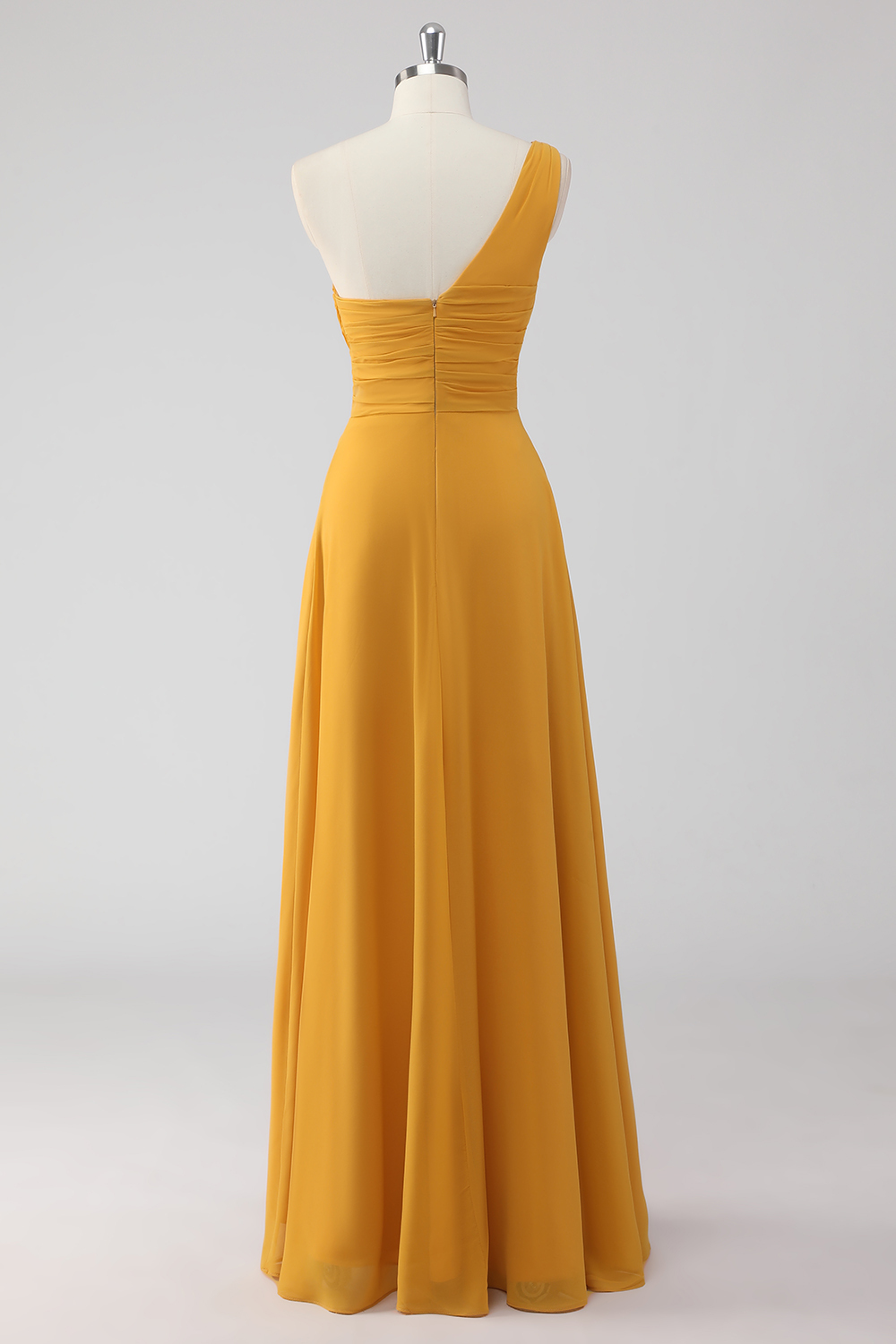 Yellow One Shoulder A Line Maxi Bridesmaid Dress with Slit