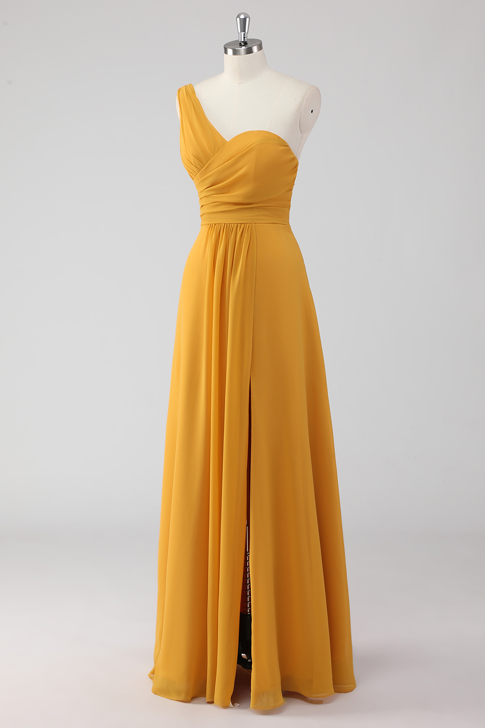Yellow One Shoulder A Line Maxi Bridesmaid Dress with Slit