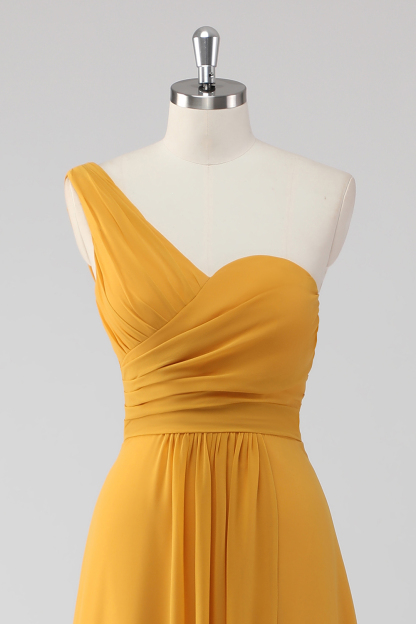 Yellow One Shoulder A Line Maxi Bridesmaid Dress with Slit