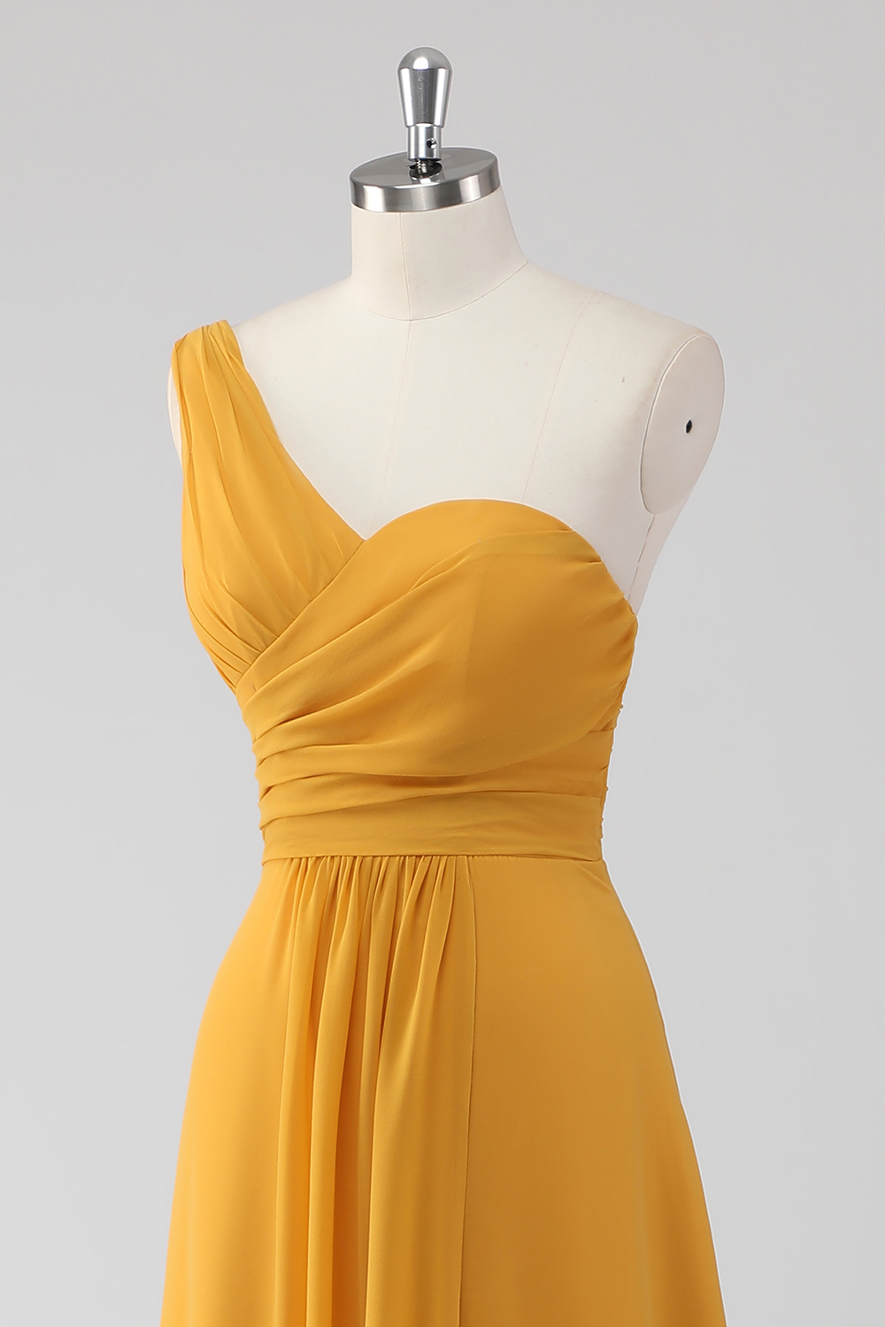 Yellow One Shoulder A Line Maxi Bridesmaid Dress with Slit