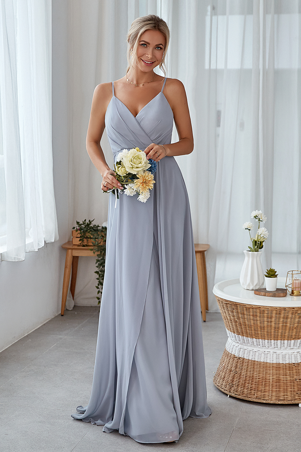 A-line Slip V-neck Long Chiffon Bridesmaid Dress Wedding Party Dress – Leely