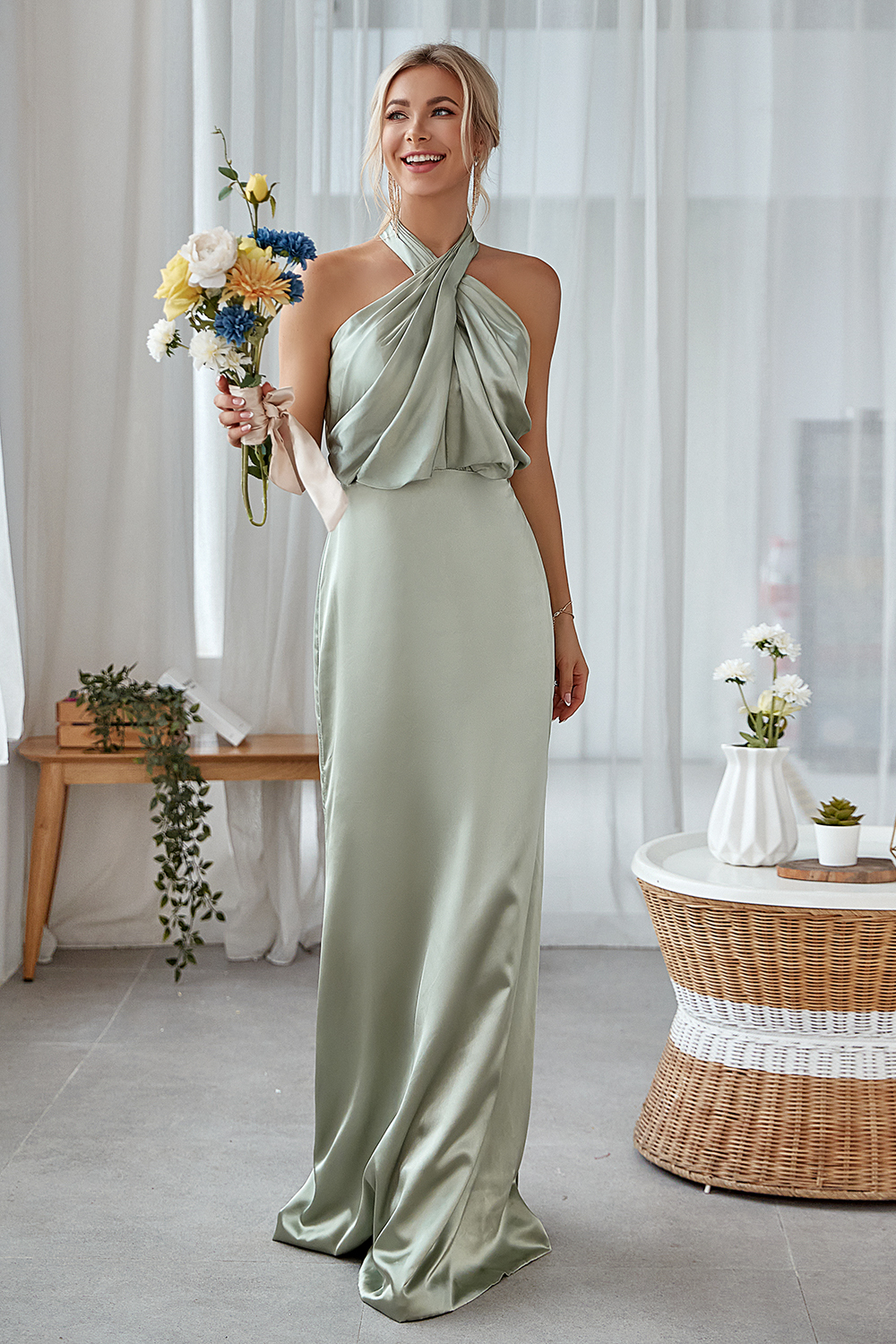 Leely Women Halter Sheath Luxe Satin Maxi Party Prom Dress Bridesmaid Dress