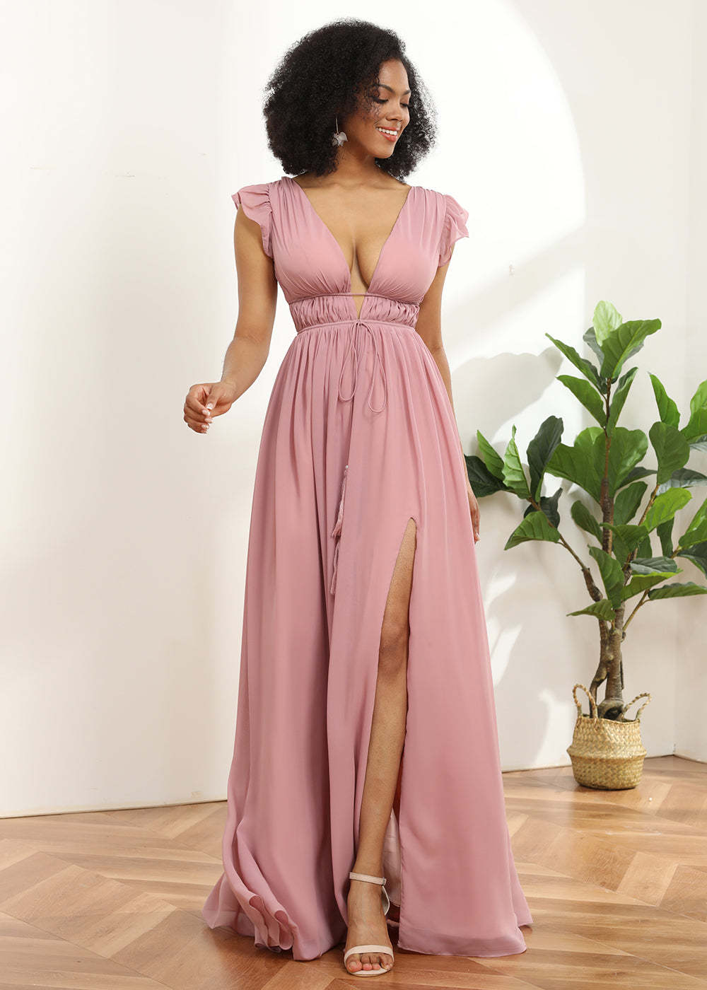 Long V-neck Bridesmaid Dress with Split