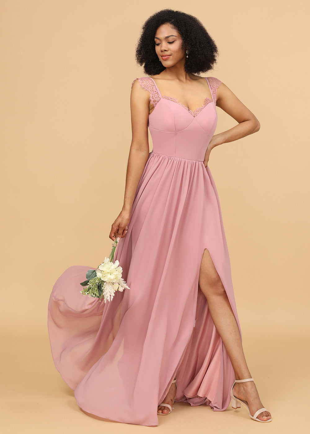 A-line Straps Chiffon Maxi Bridesmaid Dress with Slit and Lace Trim