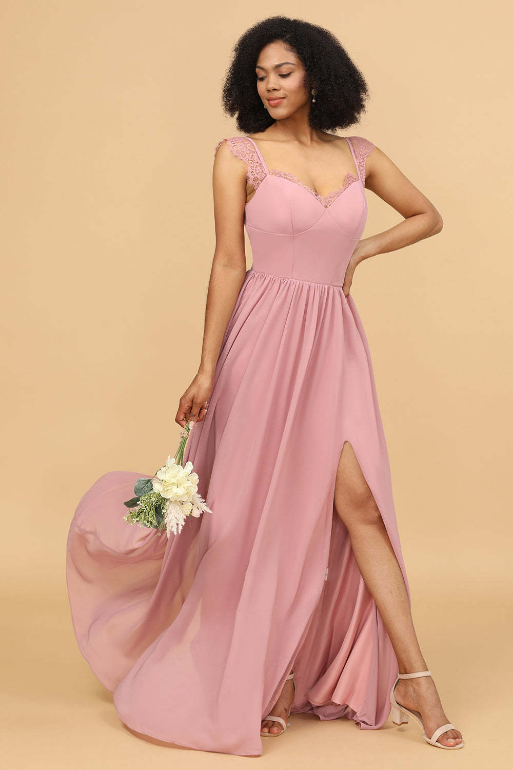 A-line Straps Chiffon Maxi Bridesmaid Dress with Slit and Lace Trim