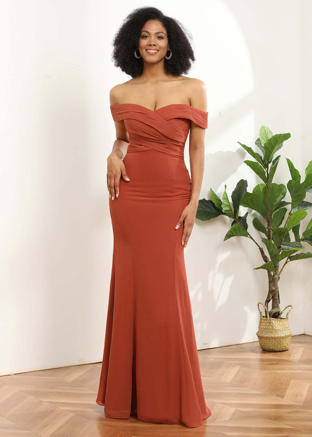 Off the Shoulder Trumpet Chiffon Bridesmaid Dress