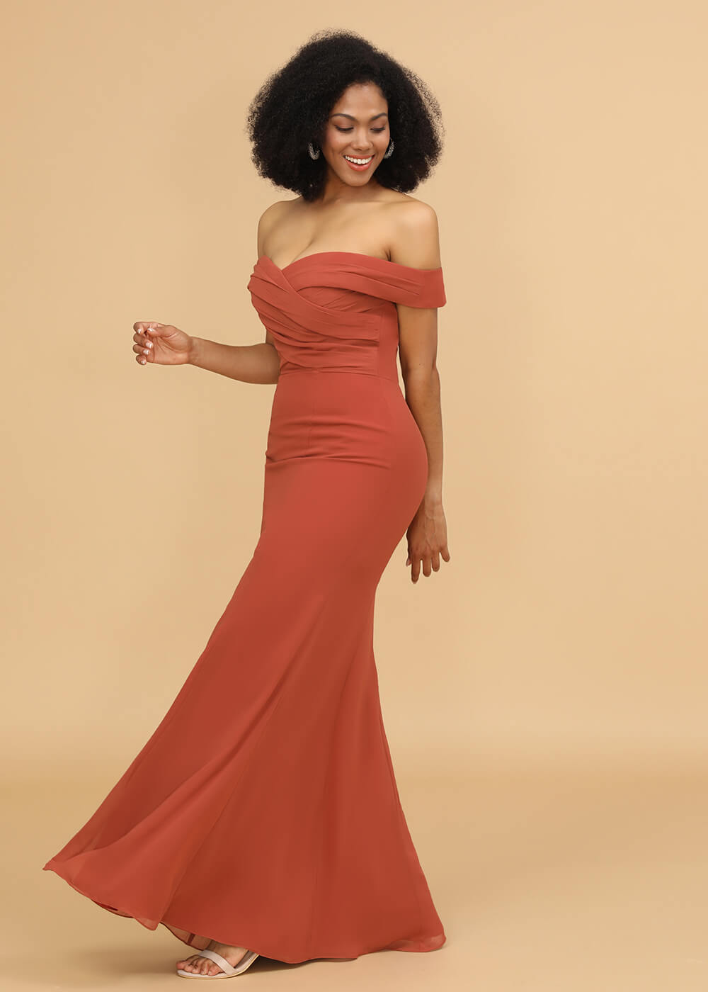 Off the Shoulder Trumpet Chiffon Bridesmaid Dress