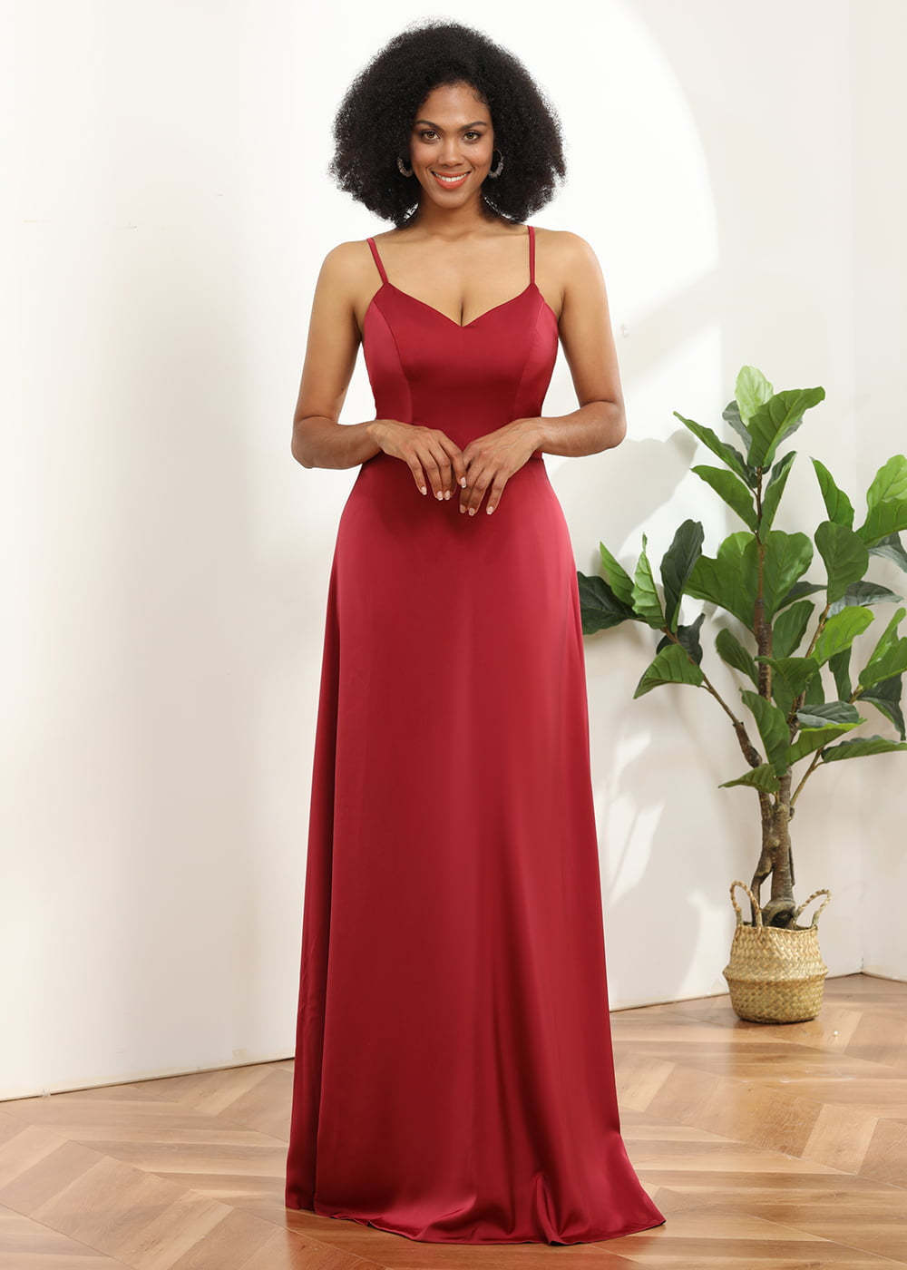 Satin V-neck Spaghetti Strap Bridesmaid Dress