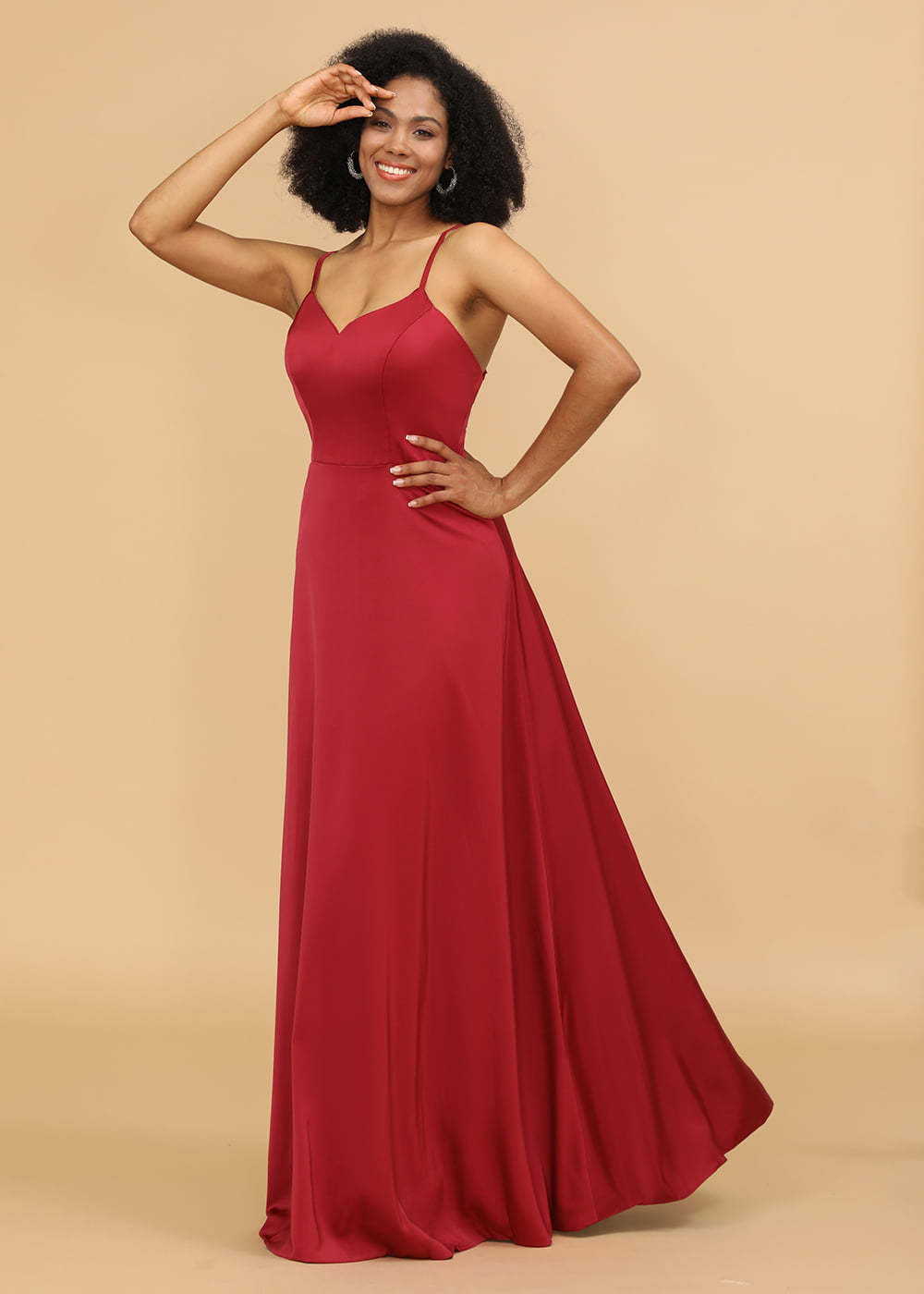 Satin V-neck Spaghetti Strap Bridesmaid Dress