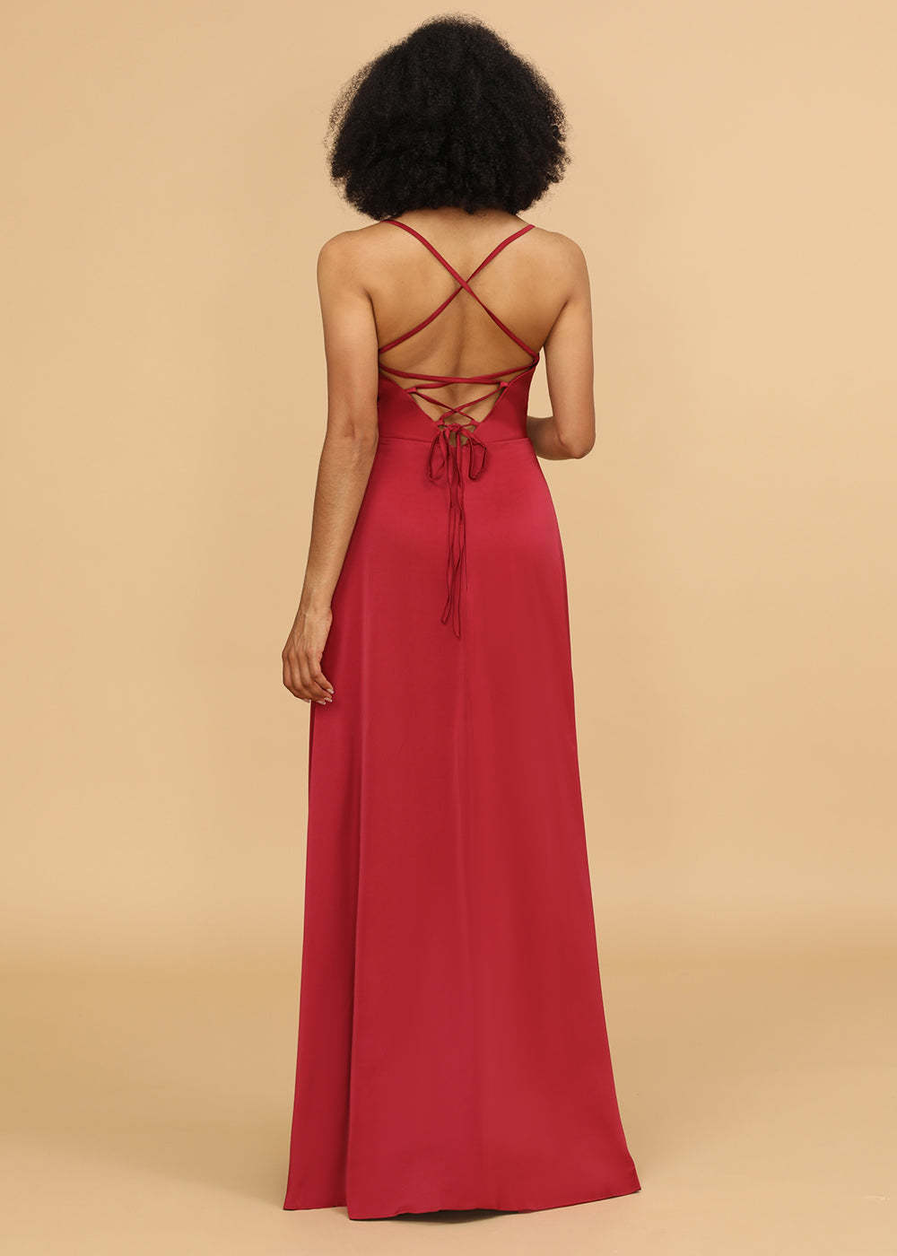 Satin V-neck Spaghetti Strap Bridesmaid Dress