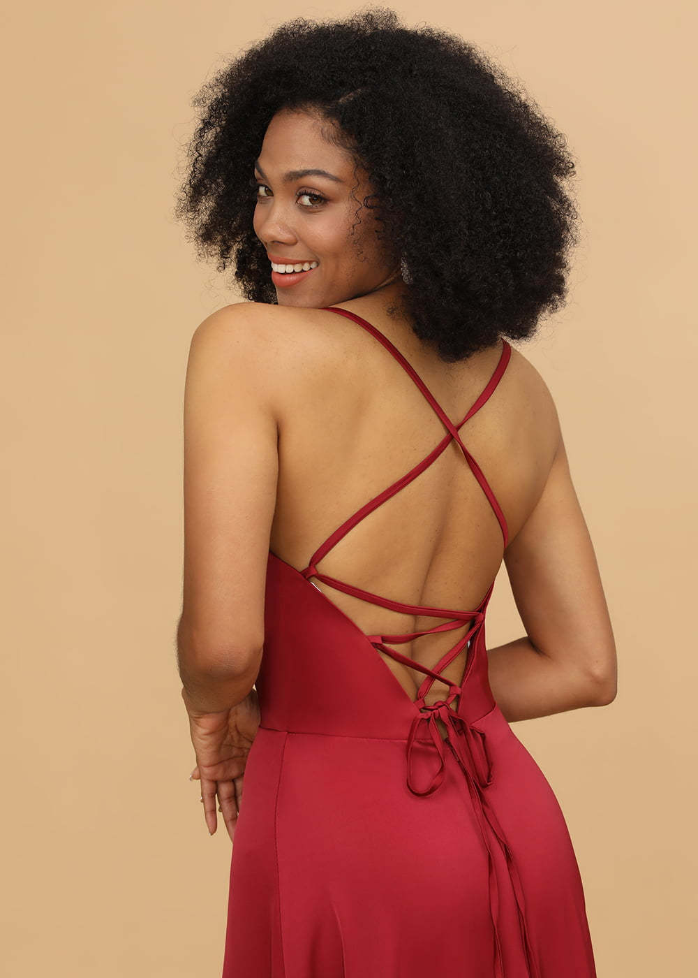 Satin V-neck Spaghetti Strap Bridesmaid Dress