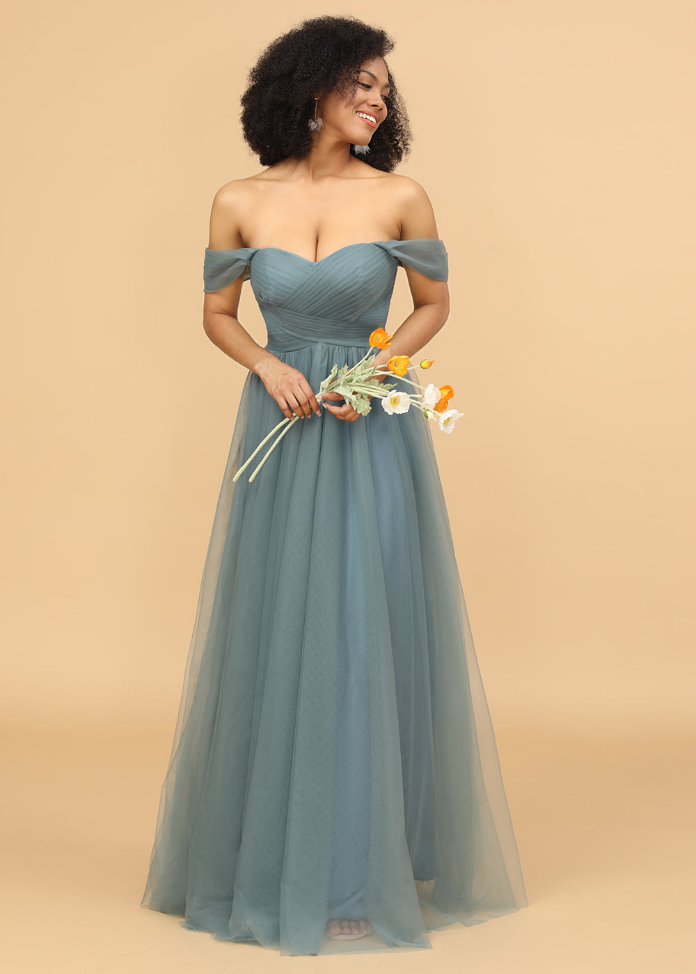 Off the Shoulder Tulle A-line Floor Length Bridesmaid Dress