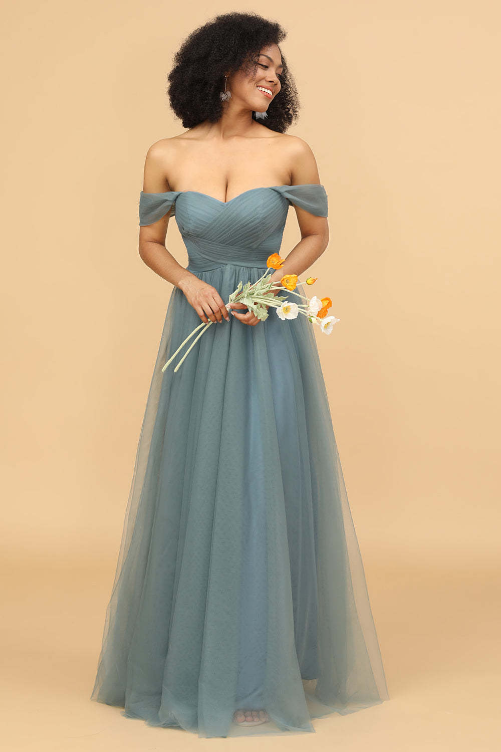 Off the Shoulder Tulle A-line Floor Length Bridesmaid Dress