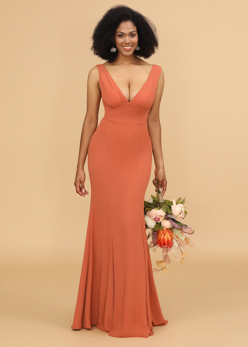 V-neck Trumpet Long Bridesmaid Dress