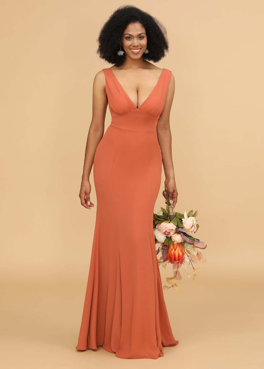 V-neck Trumpet Long Bridesmaid Dress