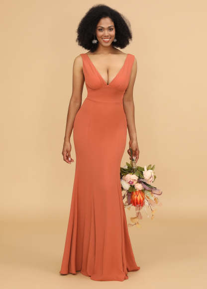 V-neck Trumpet Long Bridesmaid Dress