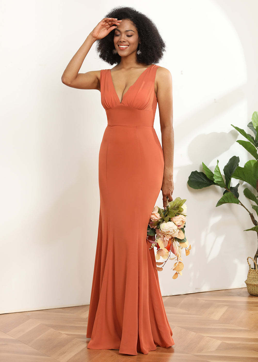 V-neck Trumpet Long Bridesmaid Dress