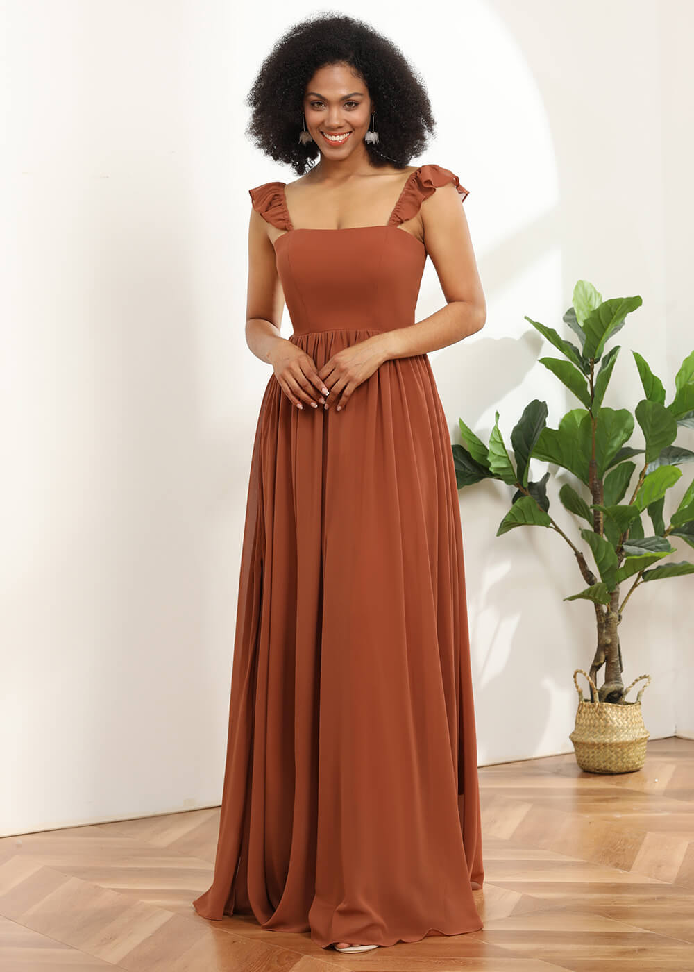 A-line Square Neck Straps Bridesmaid Dress
