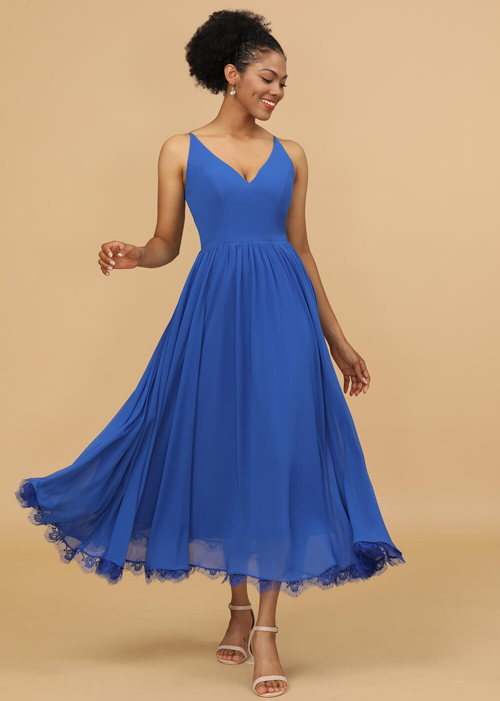 V-neck A-line Tea Length Bridesmaid Dress