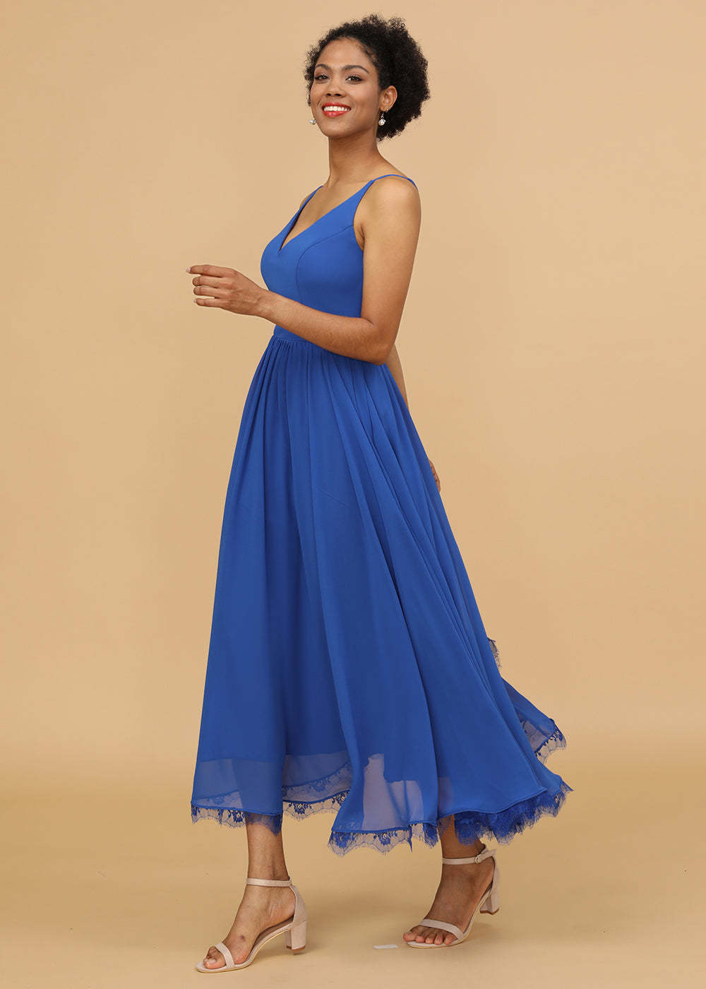 V-neck A-line Tea Length Bridesmaid Dress