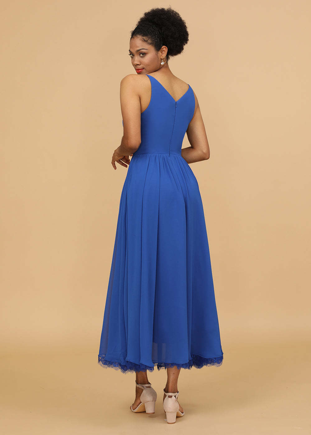 V-neck A-line Tea Length Bridesmaid Dress