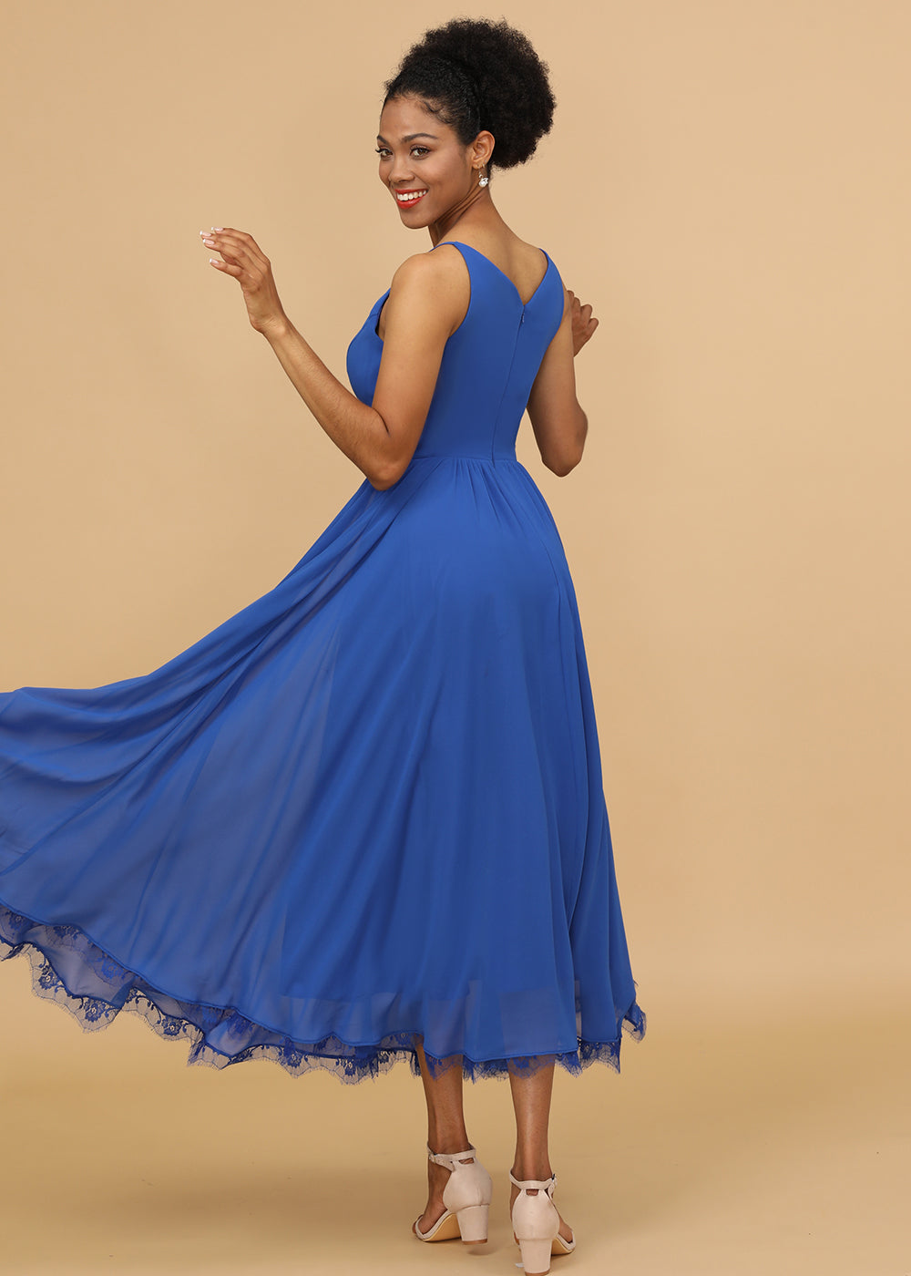 V-neck A-line Tea Length Bridesmaid Dress