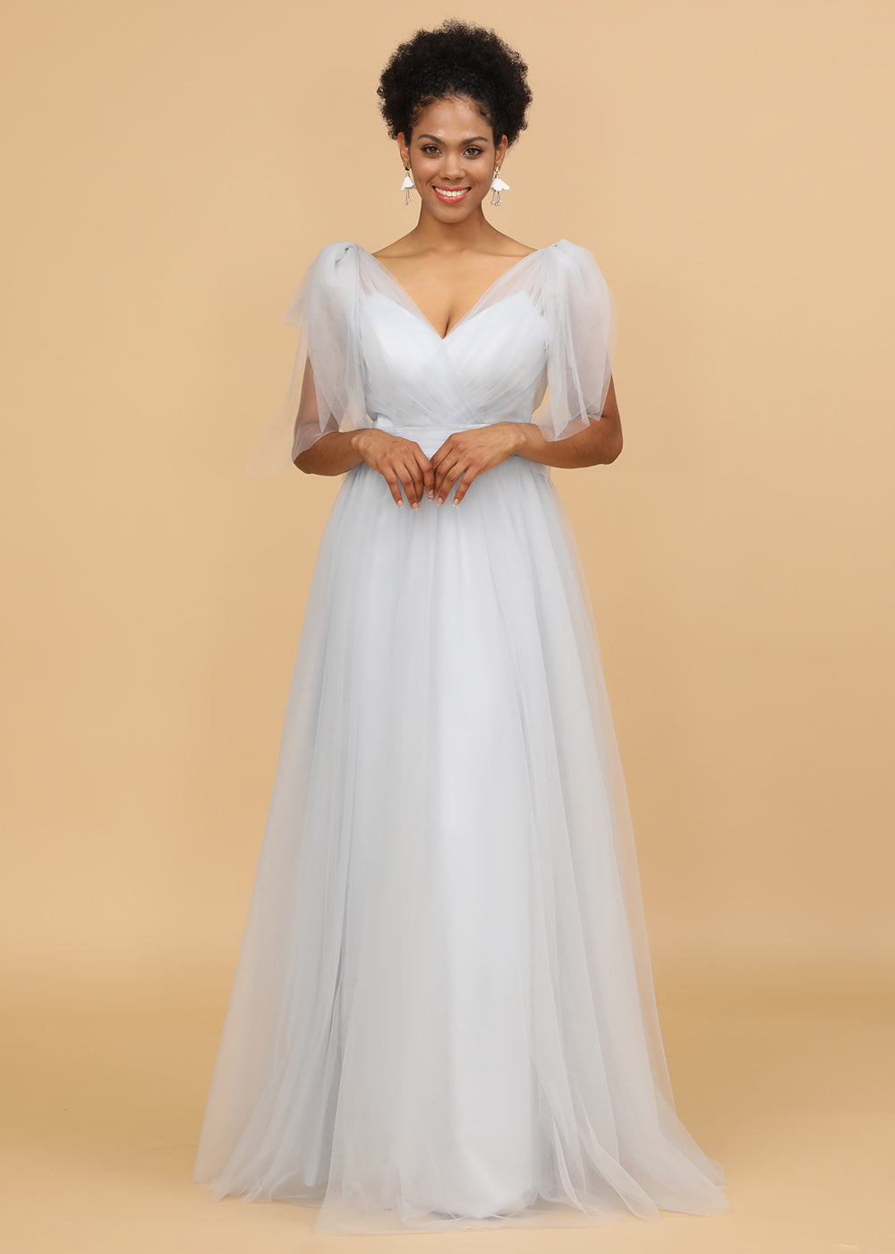 A-line V-neck Tulle Floor Length V-back Bridesmaid Dress