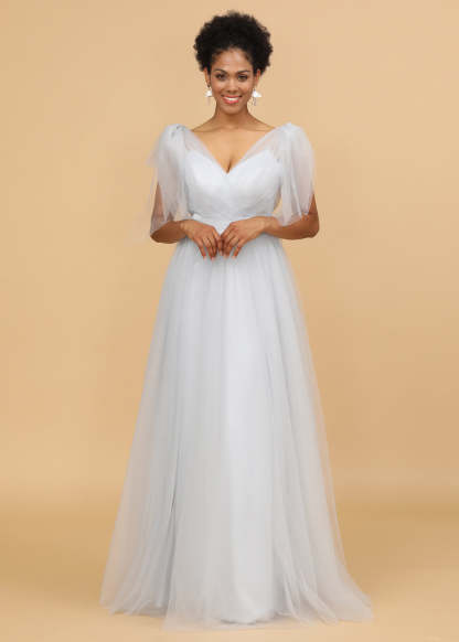 A-line V-neck Tulle Floor Length V-back Bridesmaid Dress