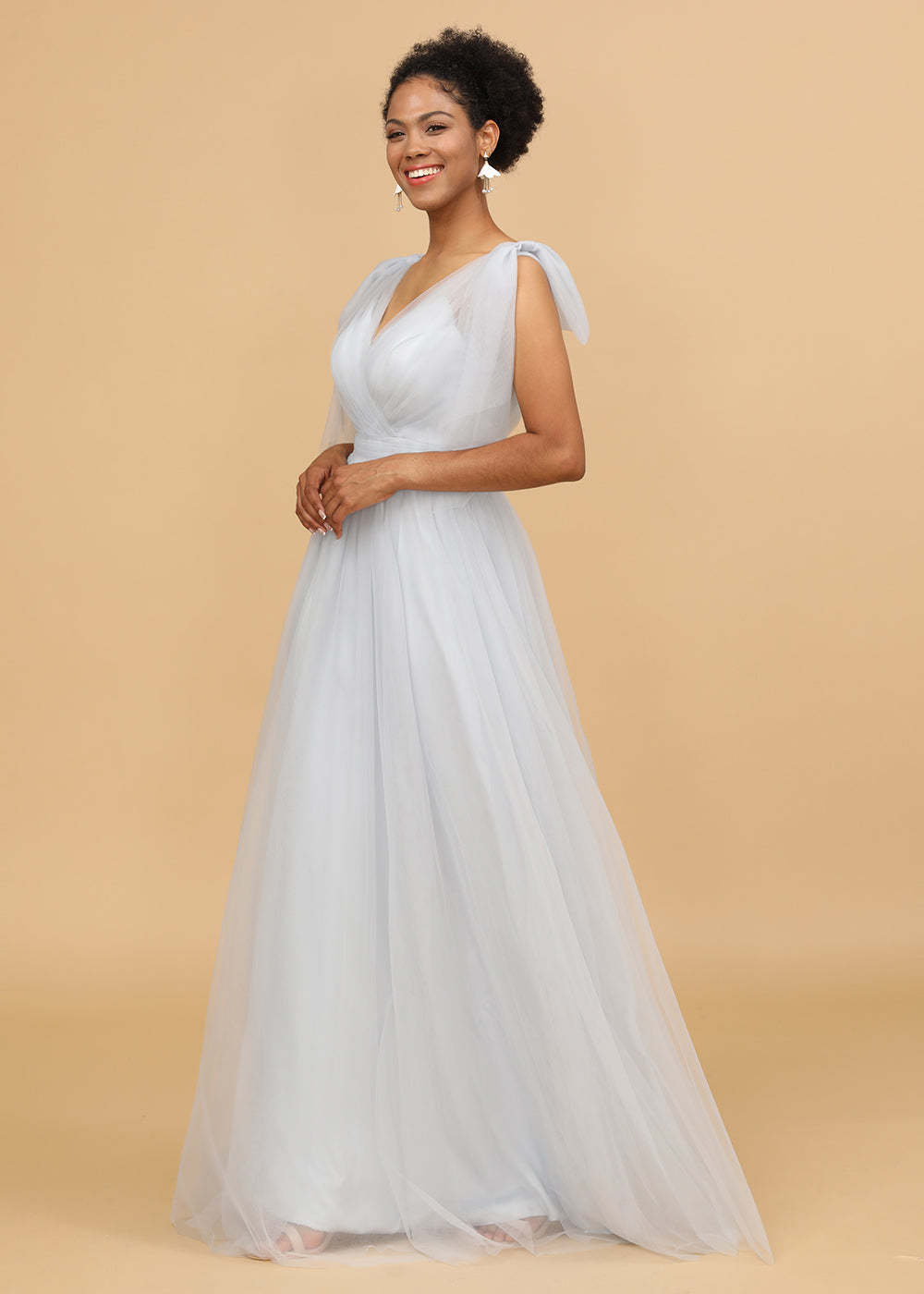 A-line V-neck Tulle Bridesmaid Dress