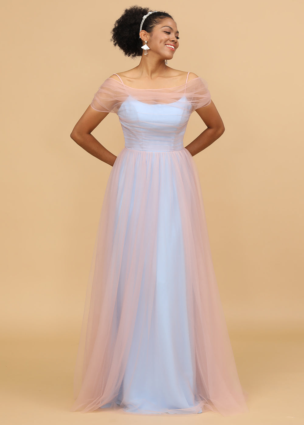 Long Tulle Scoop Neck Bridesmaid Dress