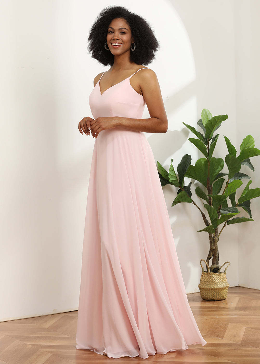 Chiffon V-neck Spaghetti Strap Bridesmaid Dress