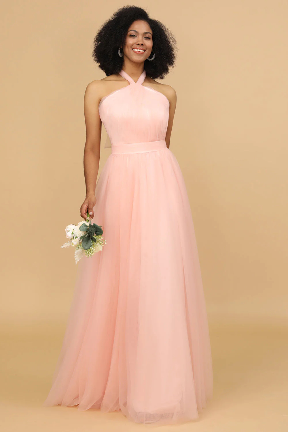 Halter Neck Tulle Open Back A-line Long Bridesmaid Dress