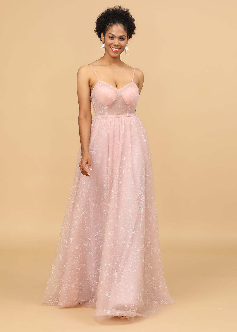 Open Back Spaghetti Strap Tulle Bridesmaid Dress