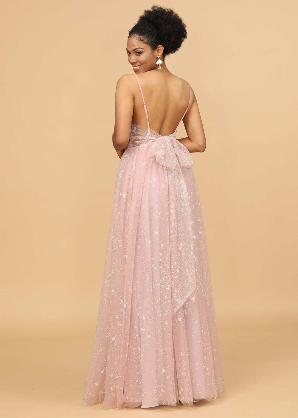 Open Back Spaghetti Strap Tulle Bridesmaid Dress