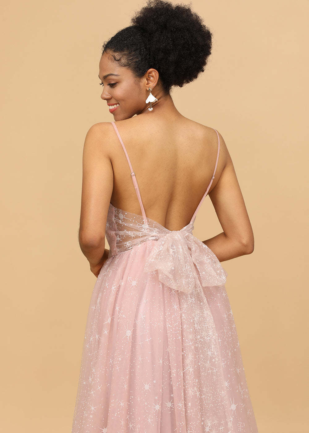 Open Back Spaghetti Strap Tulle Bridesmaid Dress