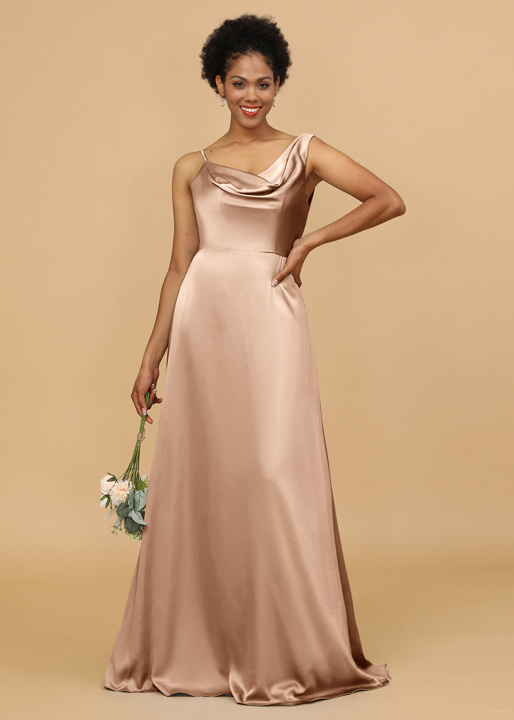 Cowl Neck A-line Satin Bridesmaid Dress