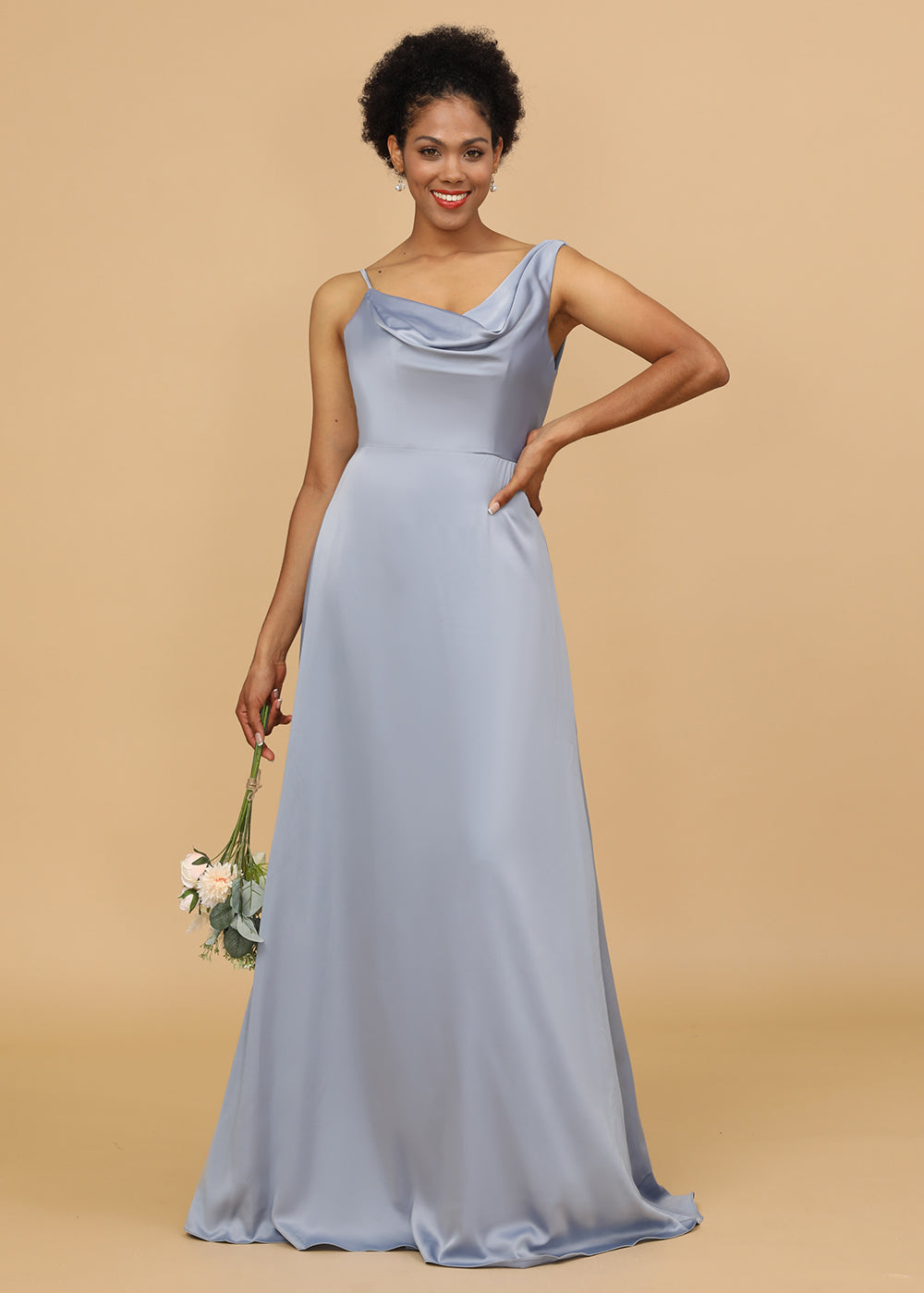 Cowl Neck Open Back Long A-line Satin Bridesmaid Dress