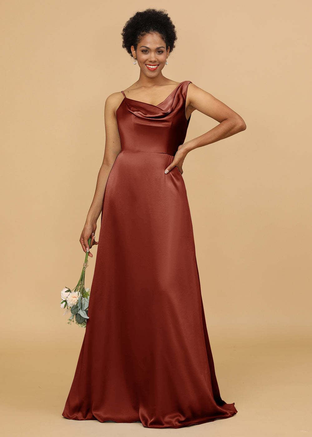 Cowl Neck Open Back Long A-line Satin Bridesmaid Dress
