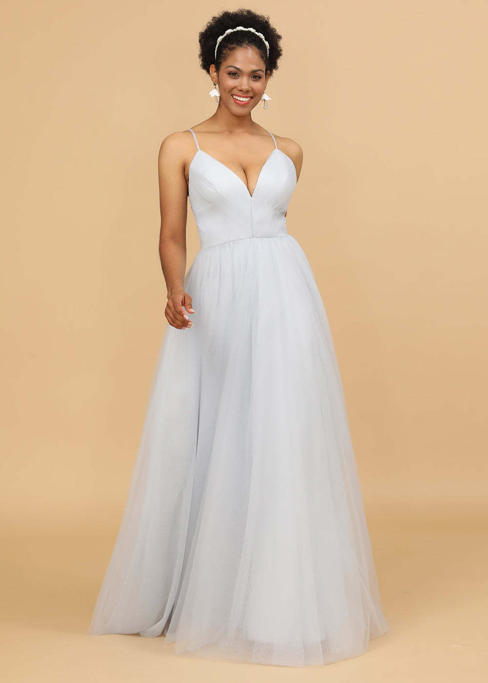 Deep V-neck Strap Tulle Bridesmaid Dress