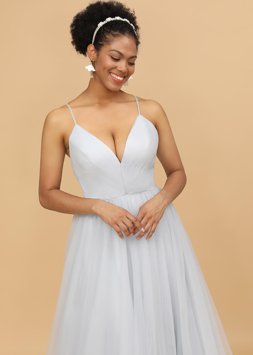 Deep V-neck Strap Tulle Bridesmaid Dress
