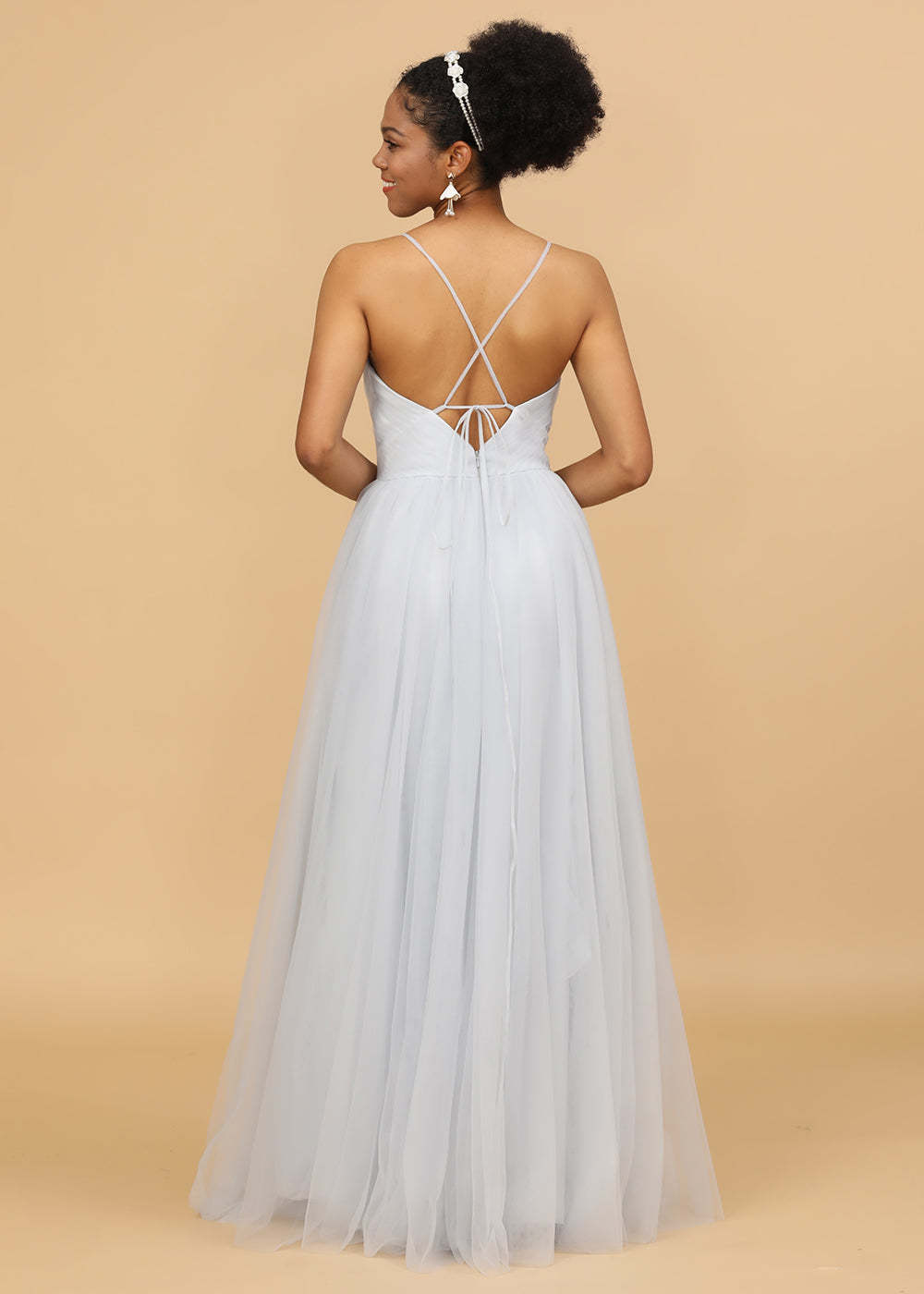 Deep V-neck Strap Tulle Bridesmaid Dress
