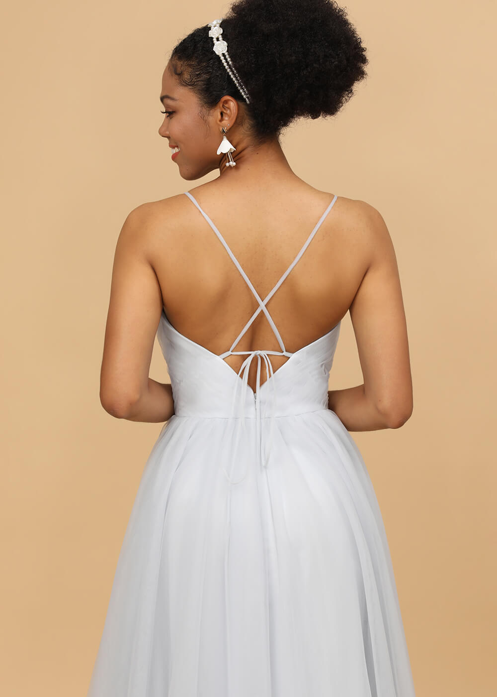 Deep V-neck Strap Tulle Bridesmaid Dress