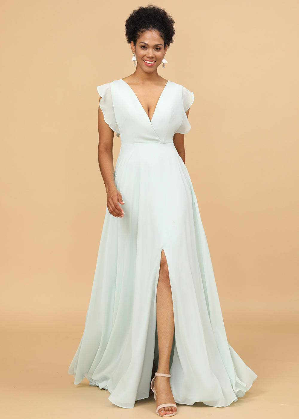V-neck Ruffles Cap Sleeve Chiffon Bridesmaid Dress