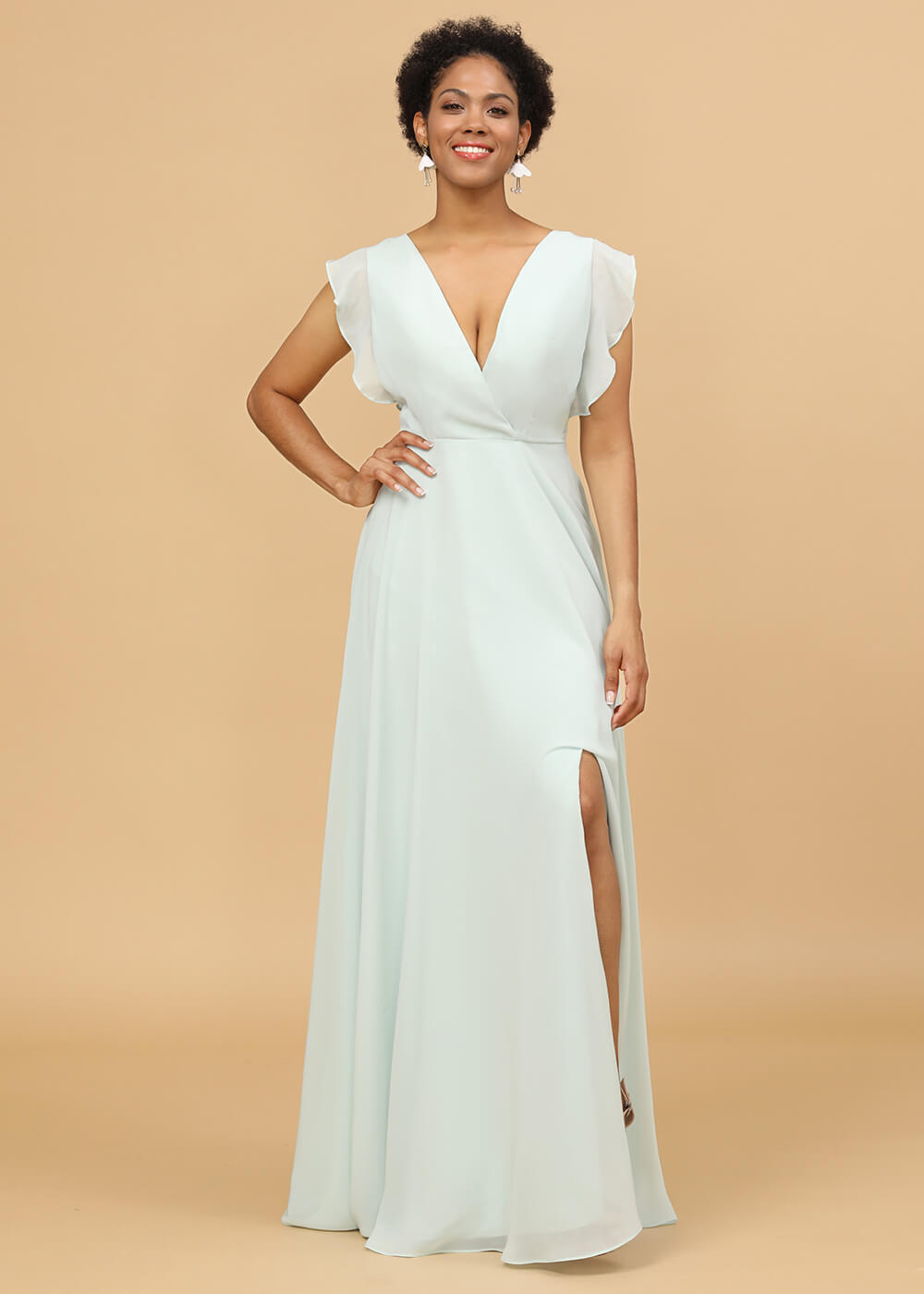 V-neck Ruffles Cap Sleeve Chiffon Bridesmaid Dress