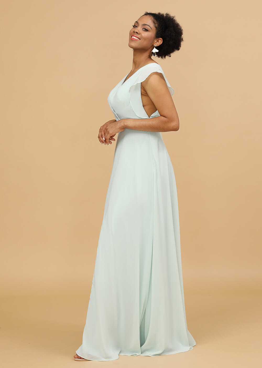 V-neck Ruffles Cap Sleeve Chiffon Bridesmaid Dress