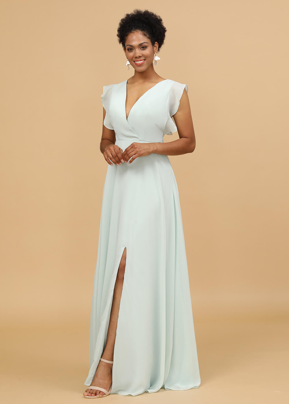V-neck Ruffles Cap Sleeve Chiffon Bridesmaid Dress