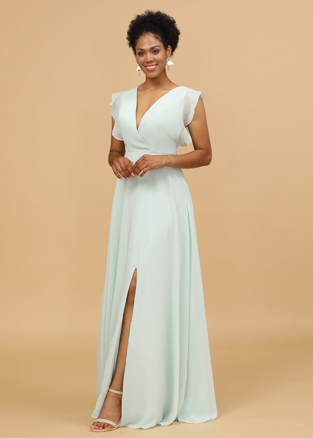 V-neck Ruffles Cap Sleeve Chiffon Bridesmaid Dress